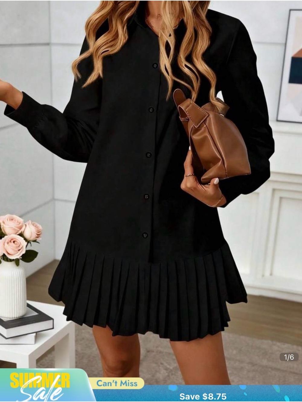 Women's Black Pleated Hem Shirt Dress